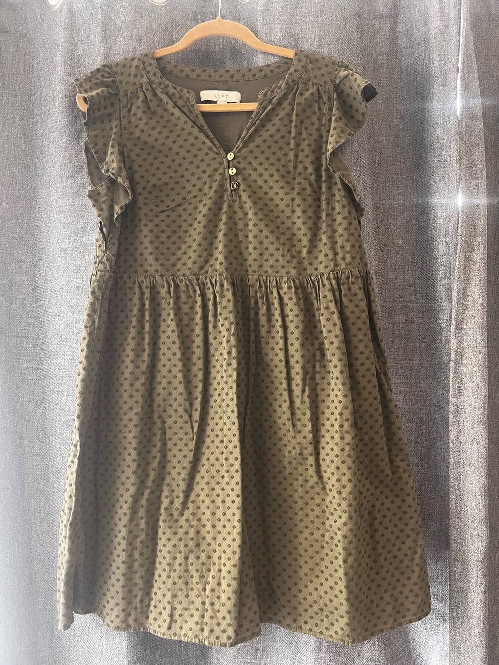 LOFT Olive Green Dot-Textured Flutter Sleeve Dress